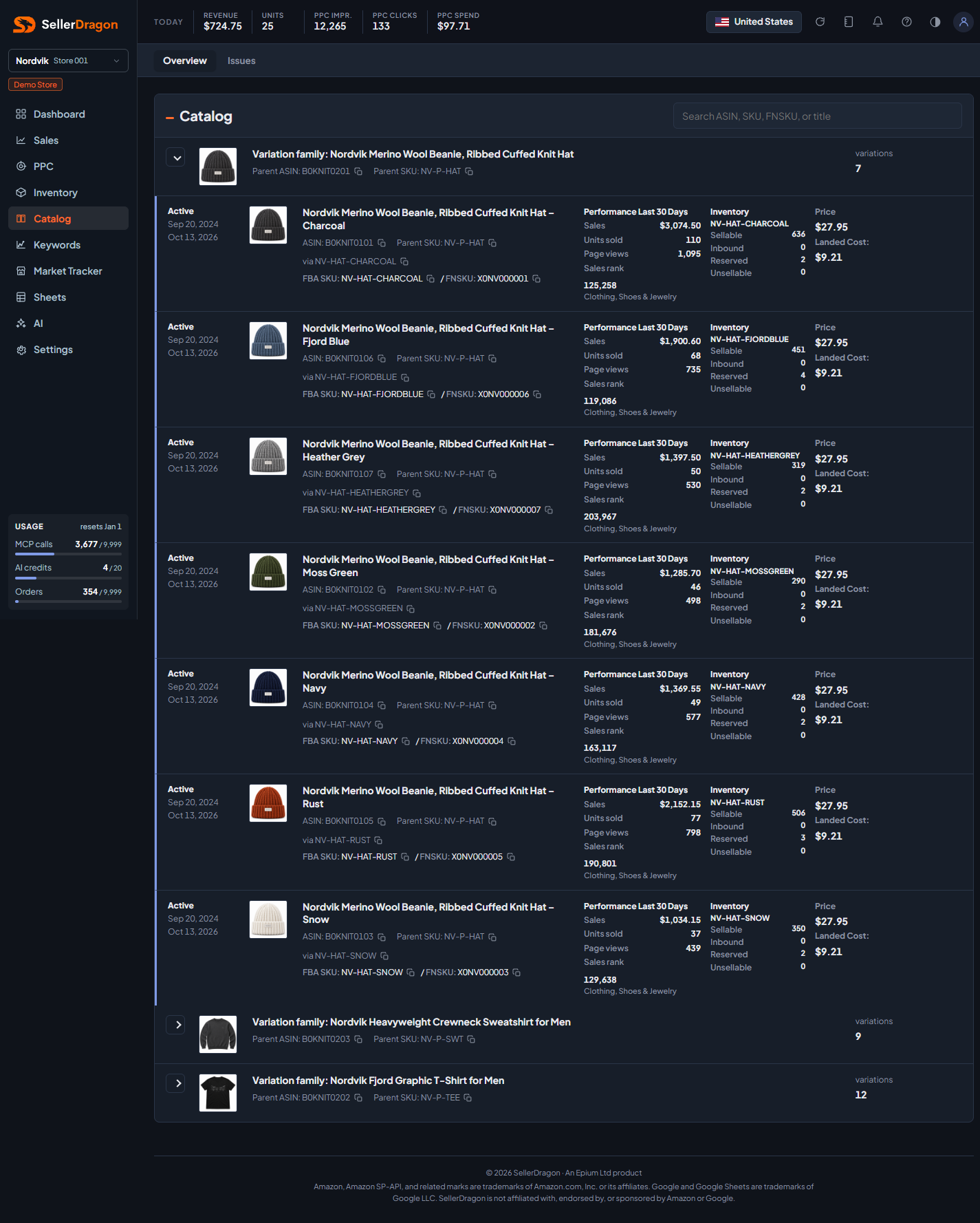 Catalog overview, dark theme
