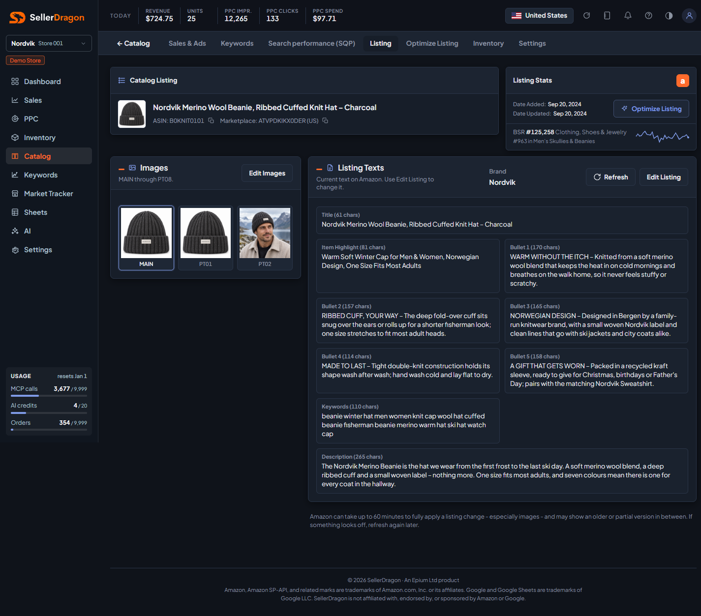 Listing texts and images, dark theme