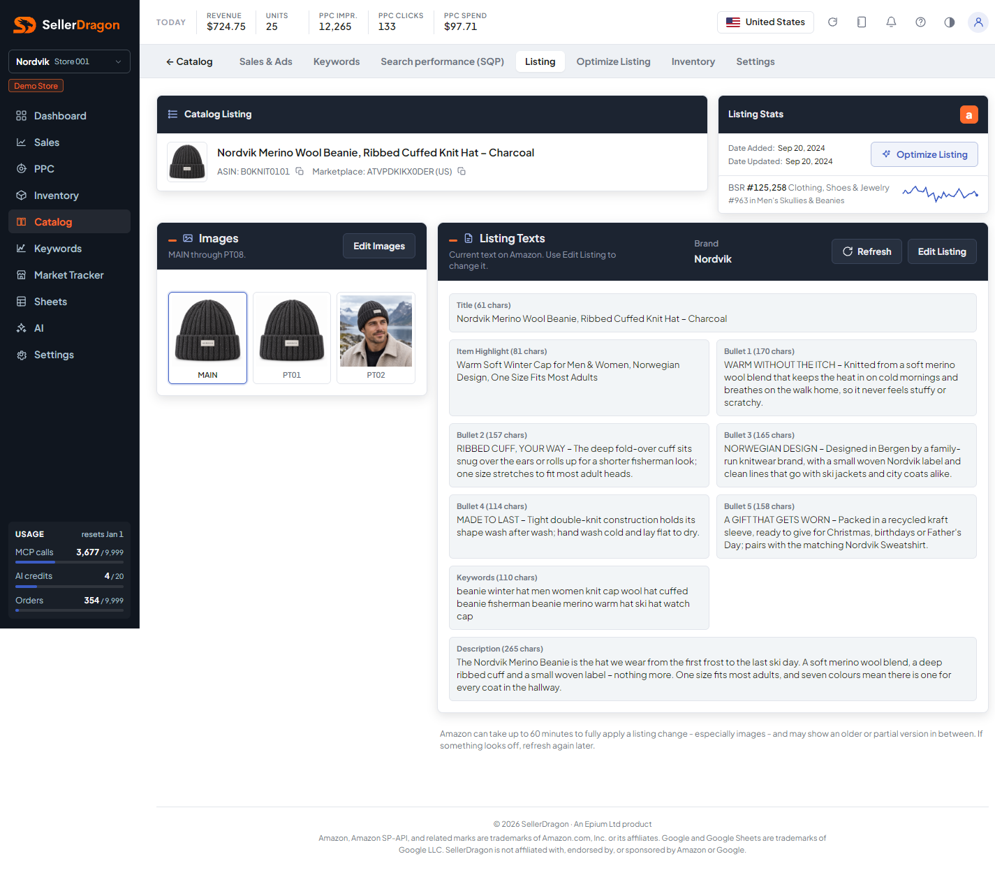 Listing texts and images, light theme