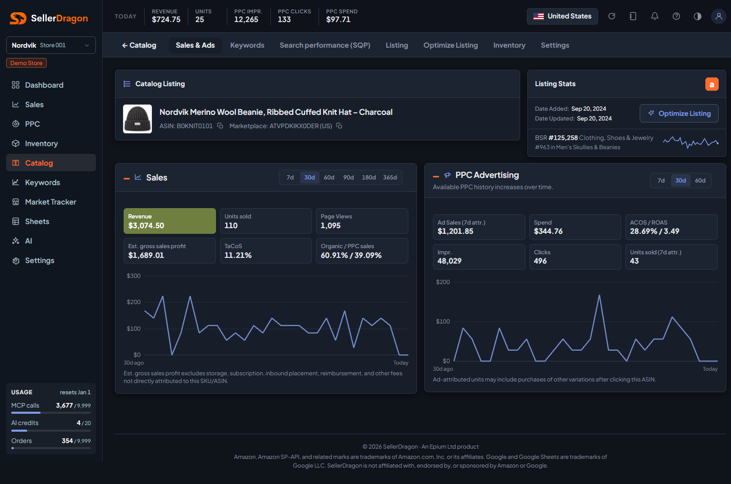Listing pages, Sales & Ads section, dark theme
