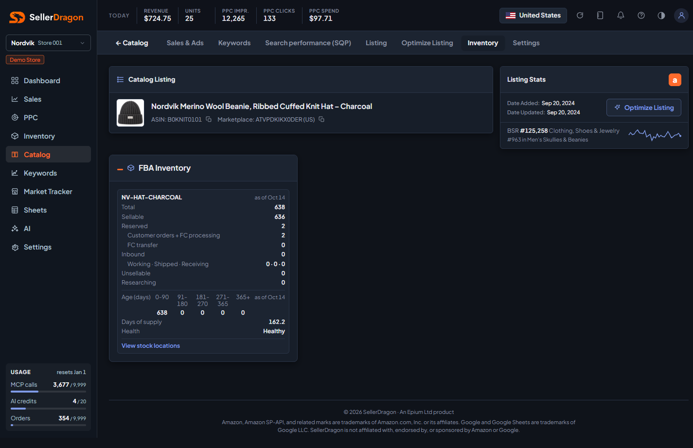 Listing inventory, dark theme
