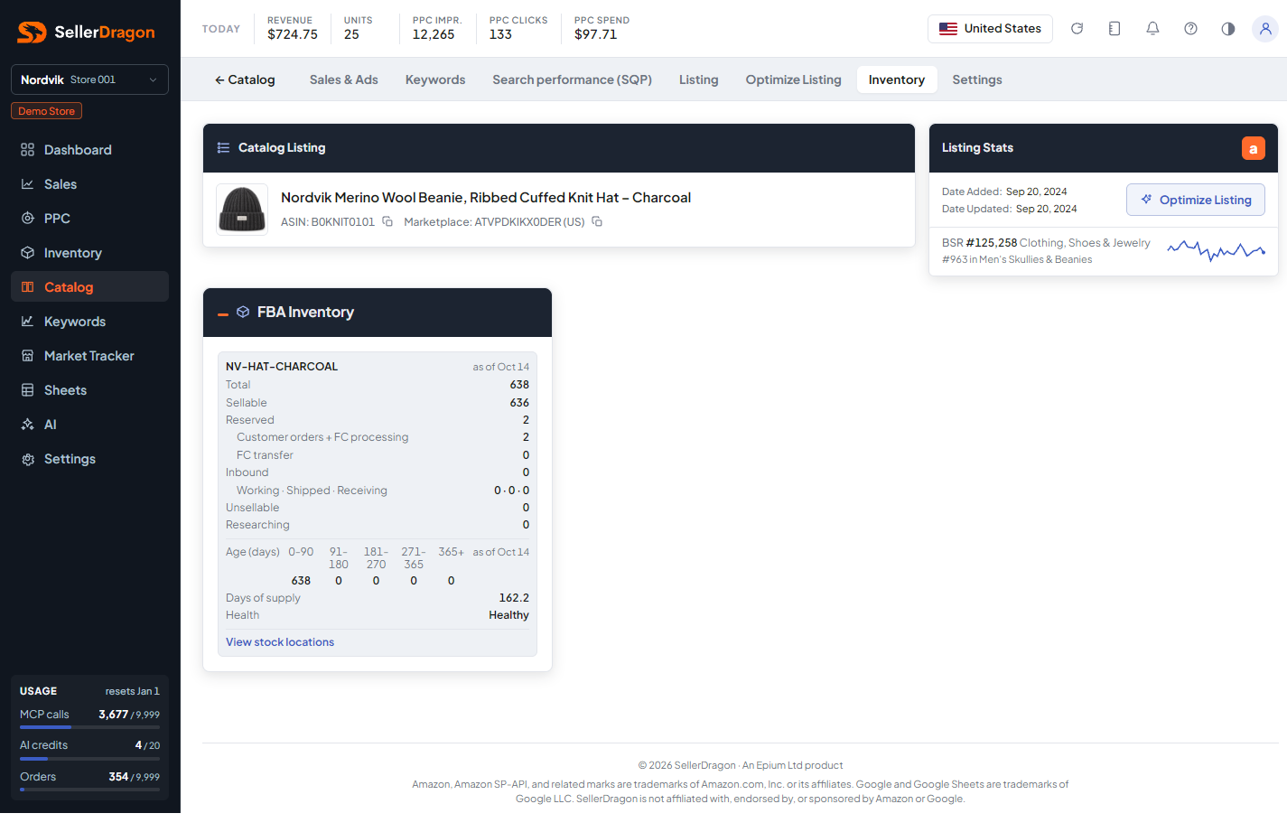 Listing inventory, light theme