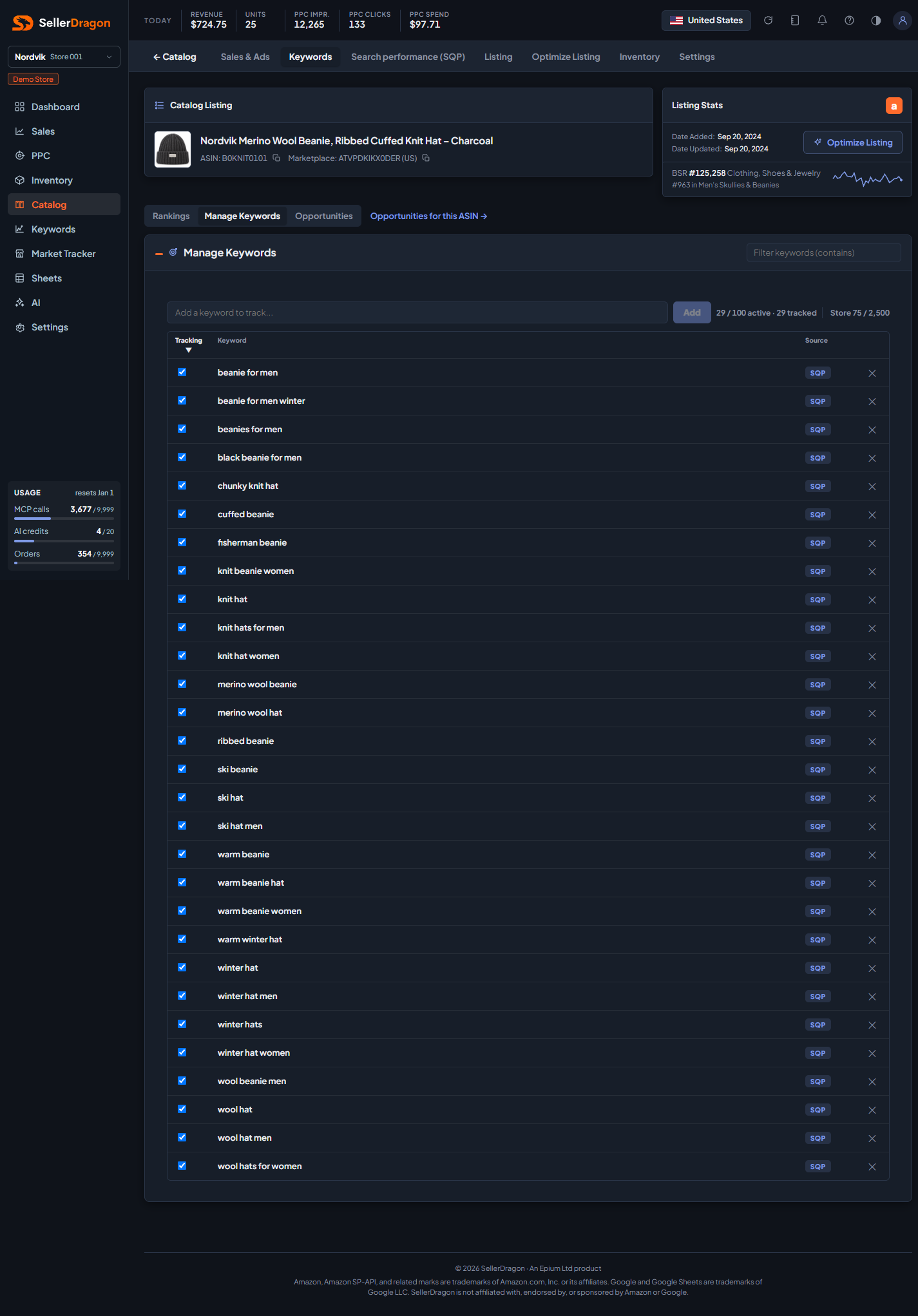 Manage Keywords tab