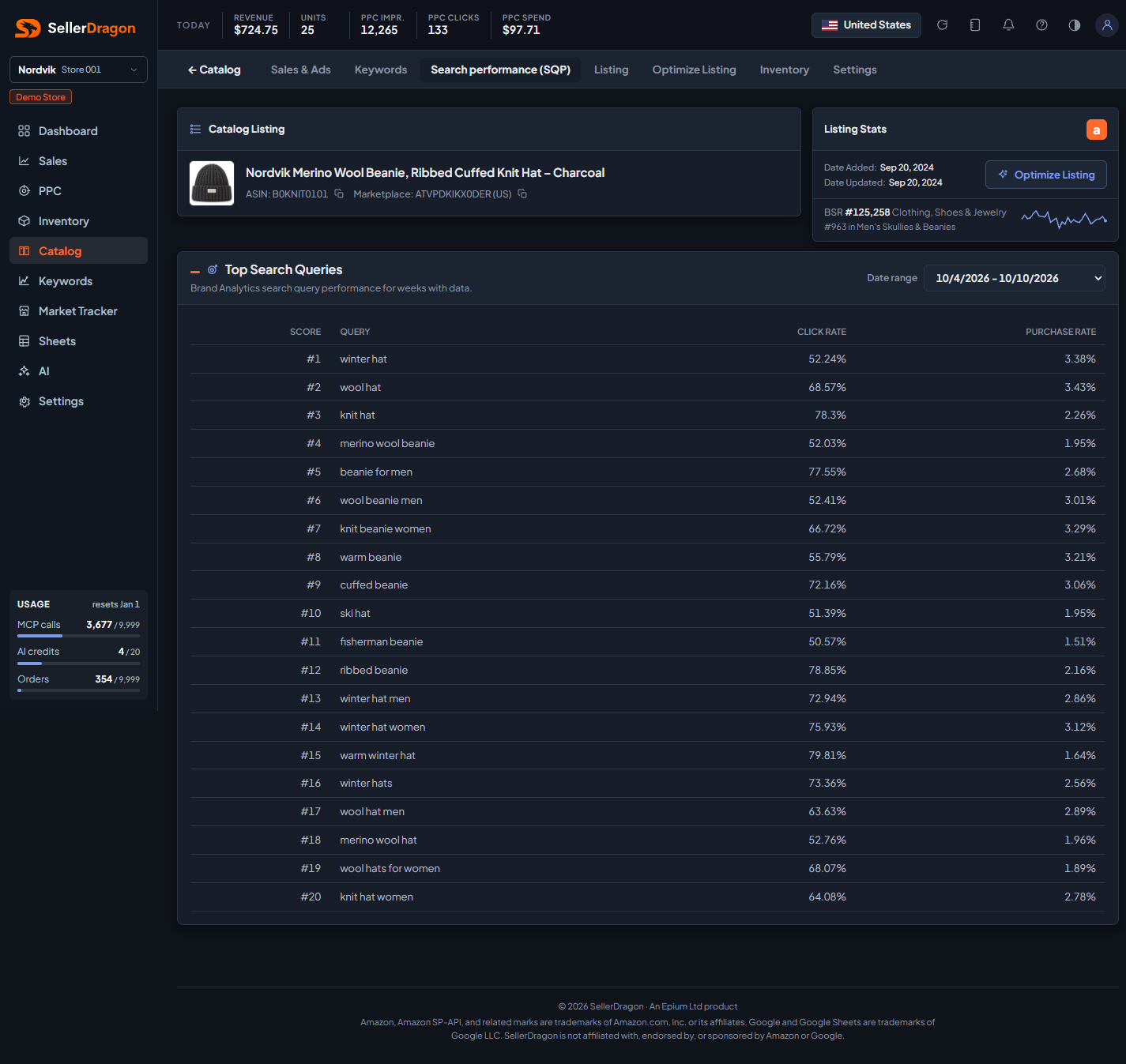Listing search performance, dark theme