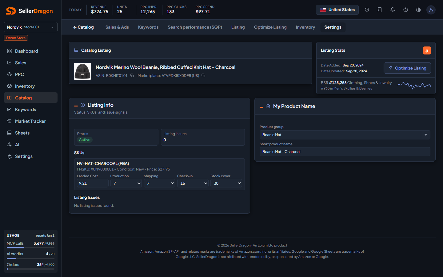 Listing settings, dark theme