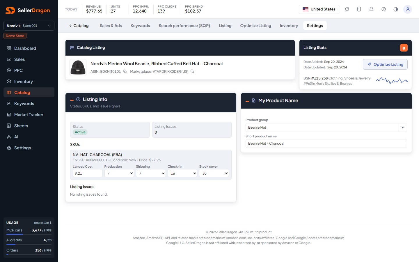Listing settings, light theme