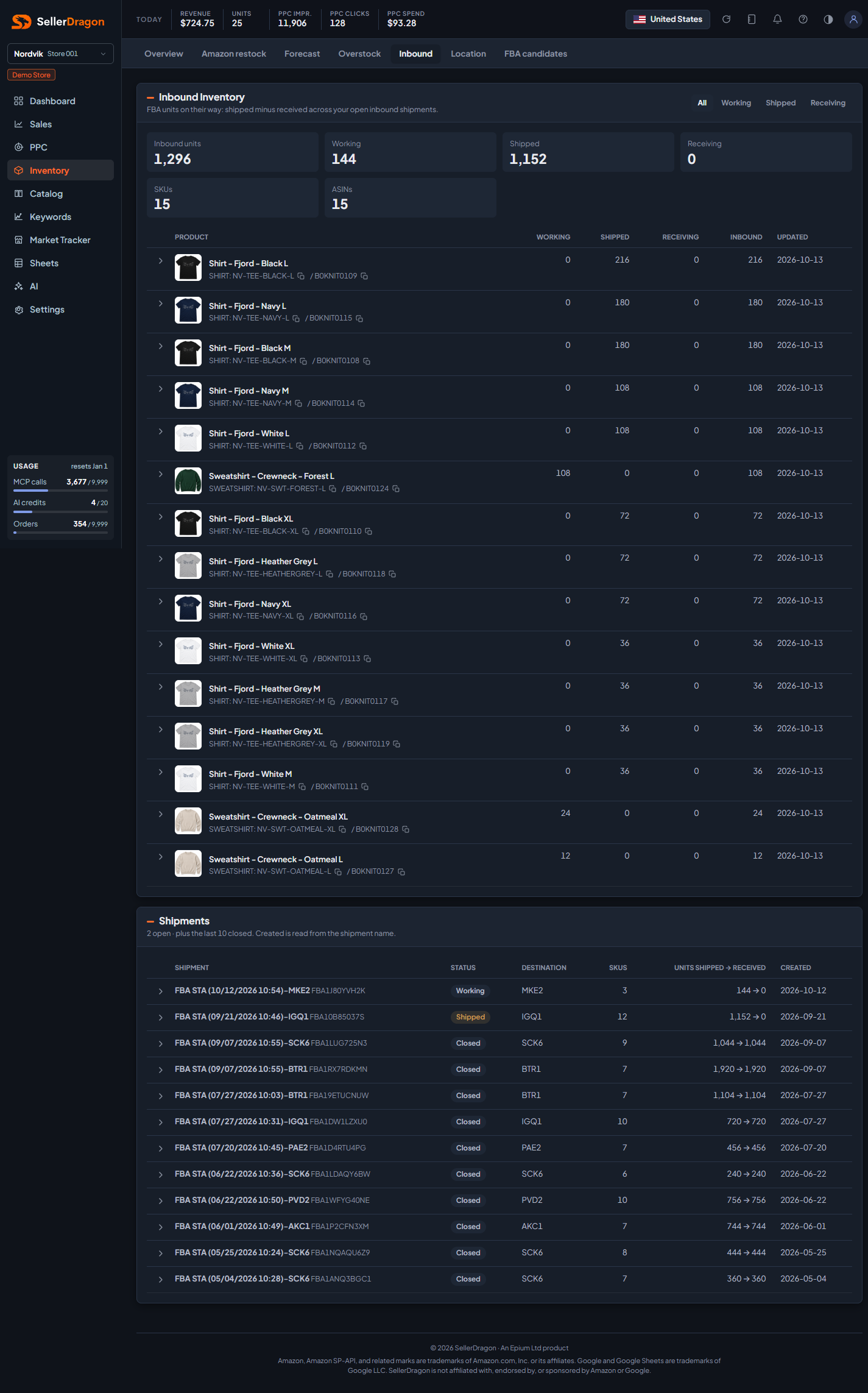Inbound inventory, dark theme