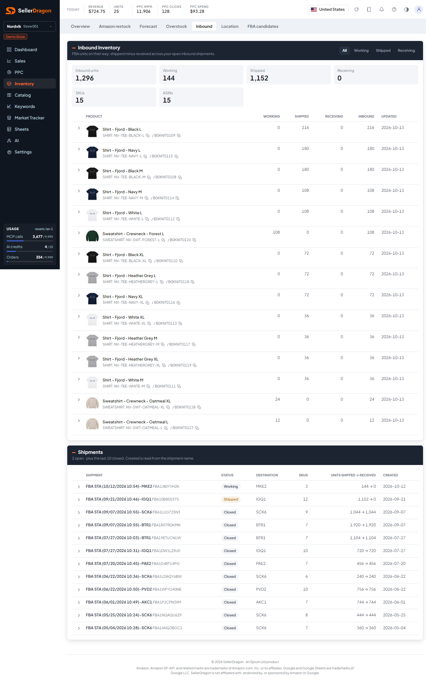 Inbound inventory, light theme