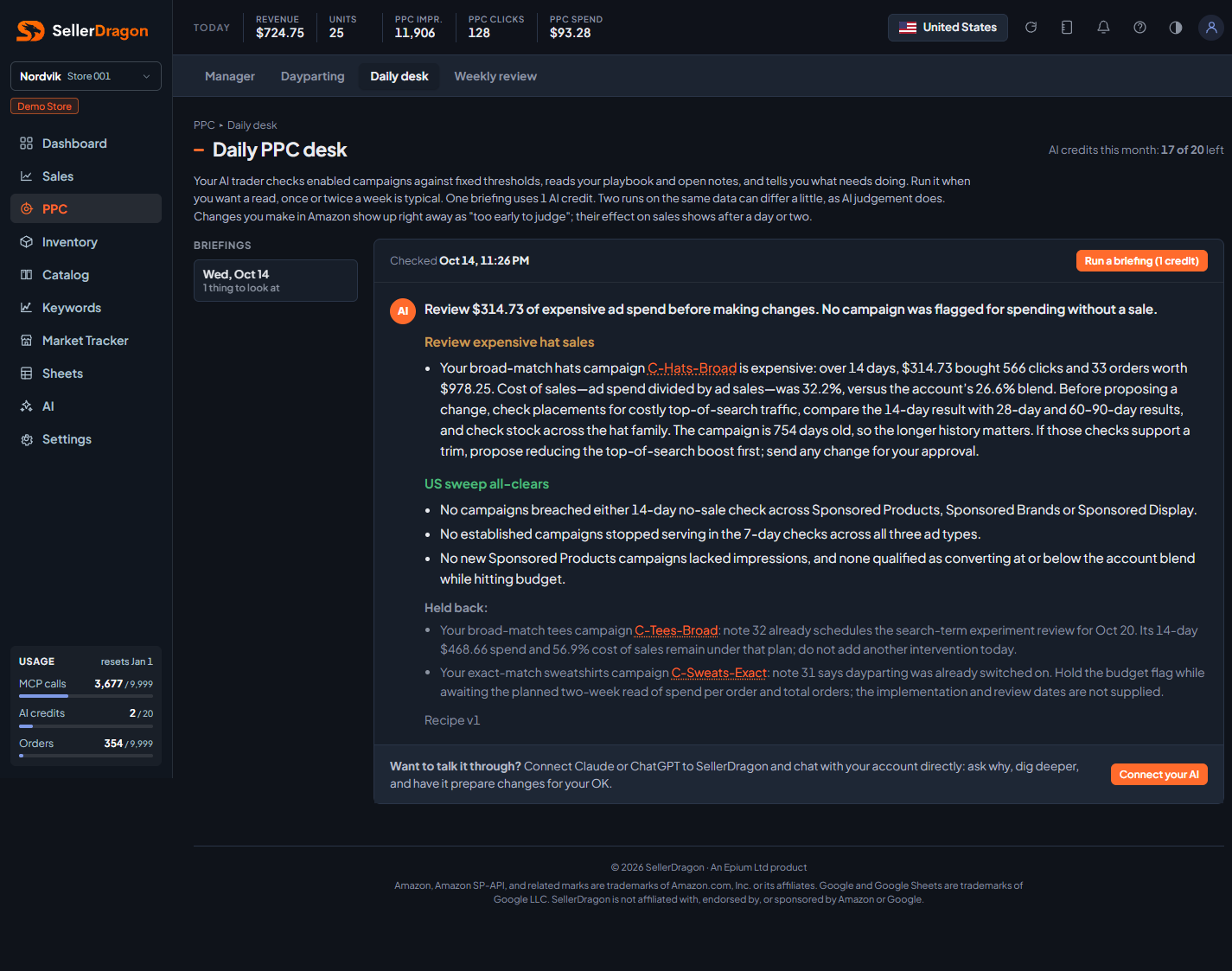 Daily desk with a finished briefing, dark theme
