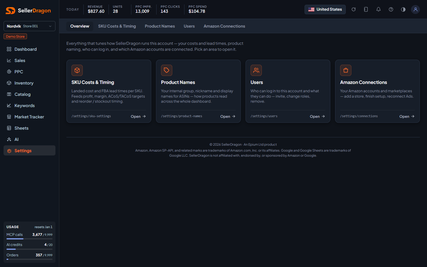 Settings overview, dark theme