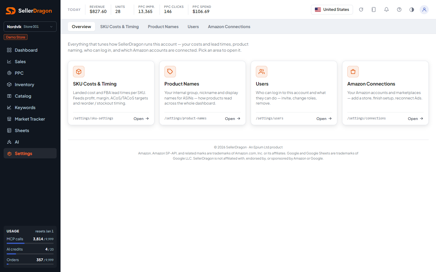 Settings overview, light theme