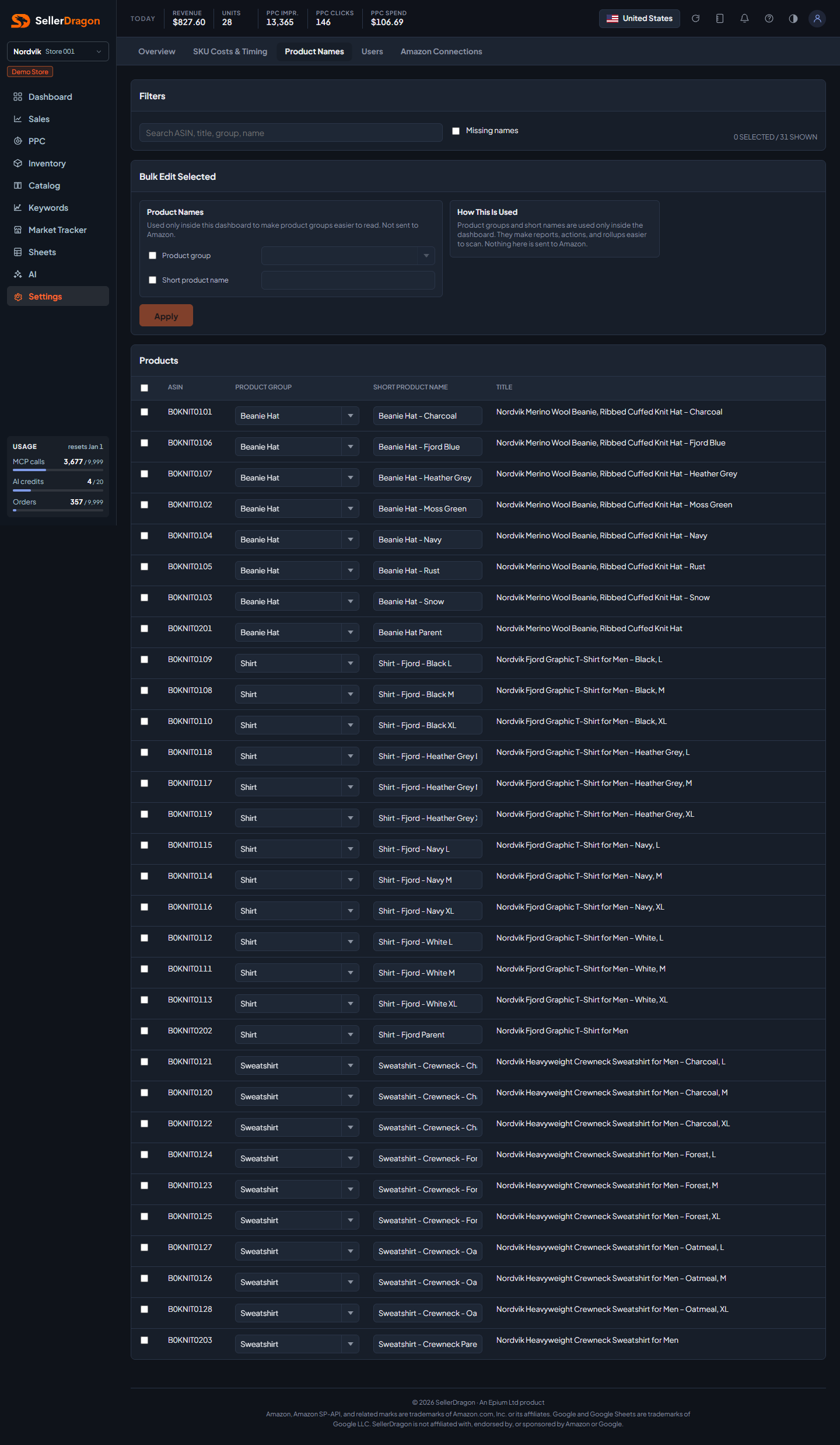 Product names, dark theme