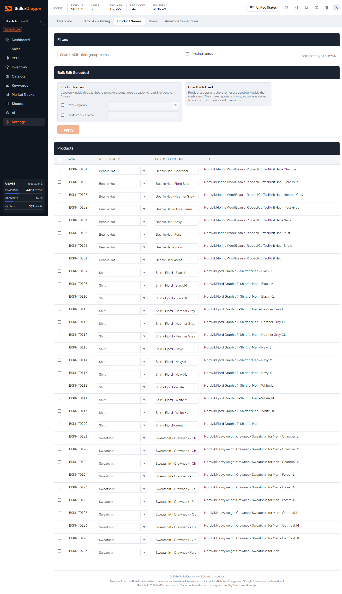 Product names, light theme