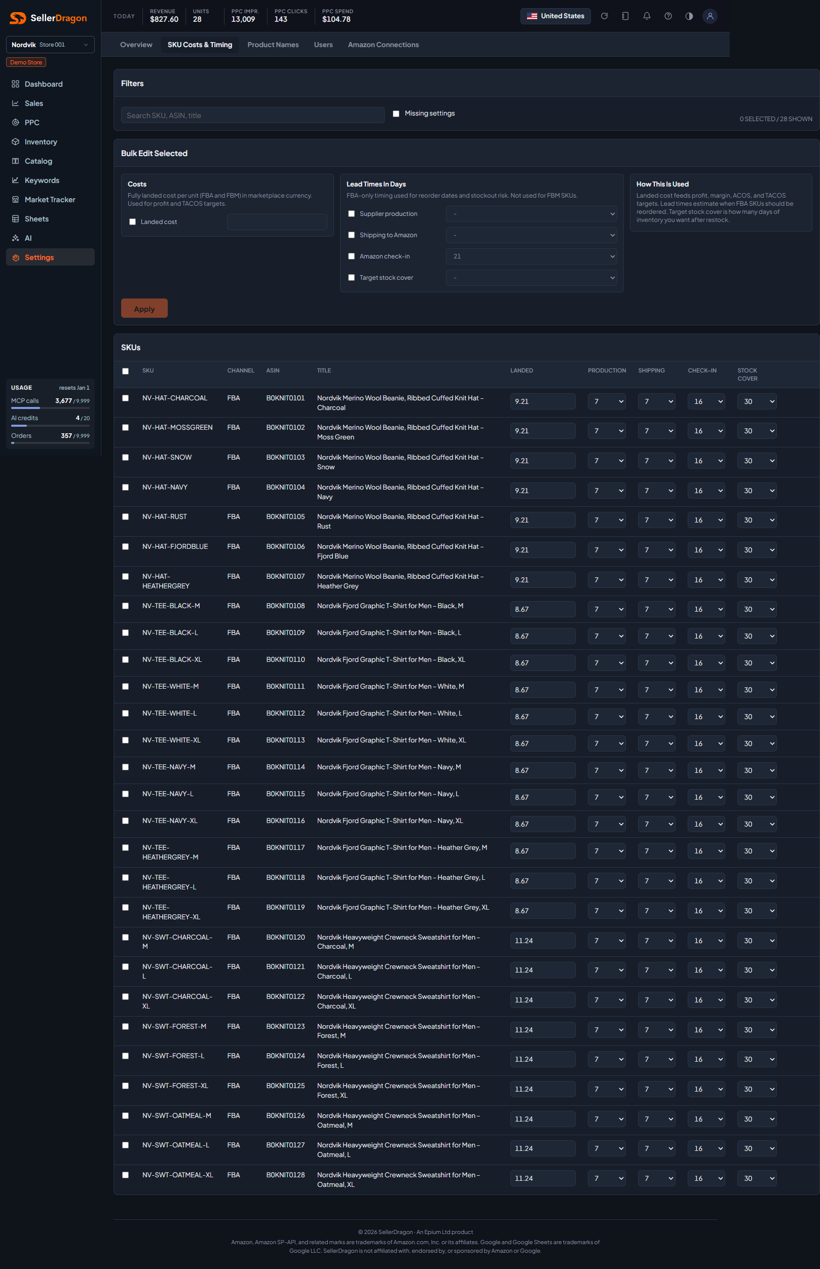 SKU costs and timing, dark theme