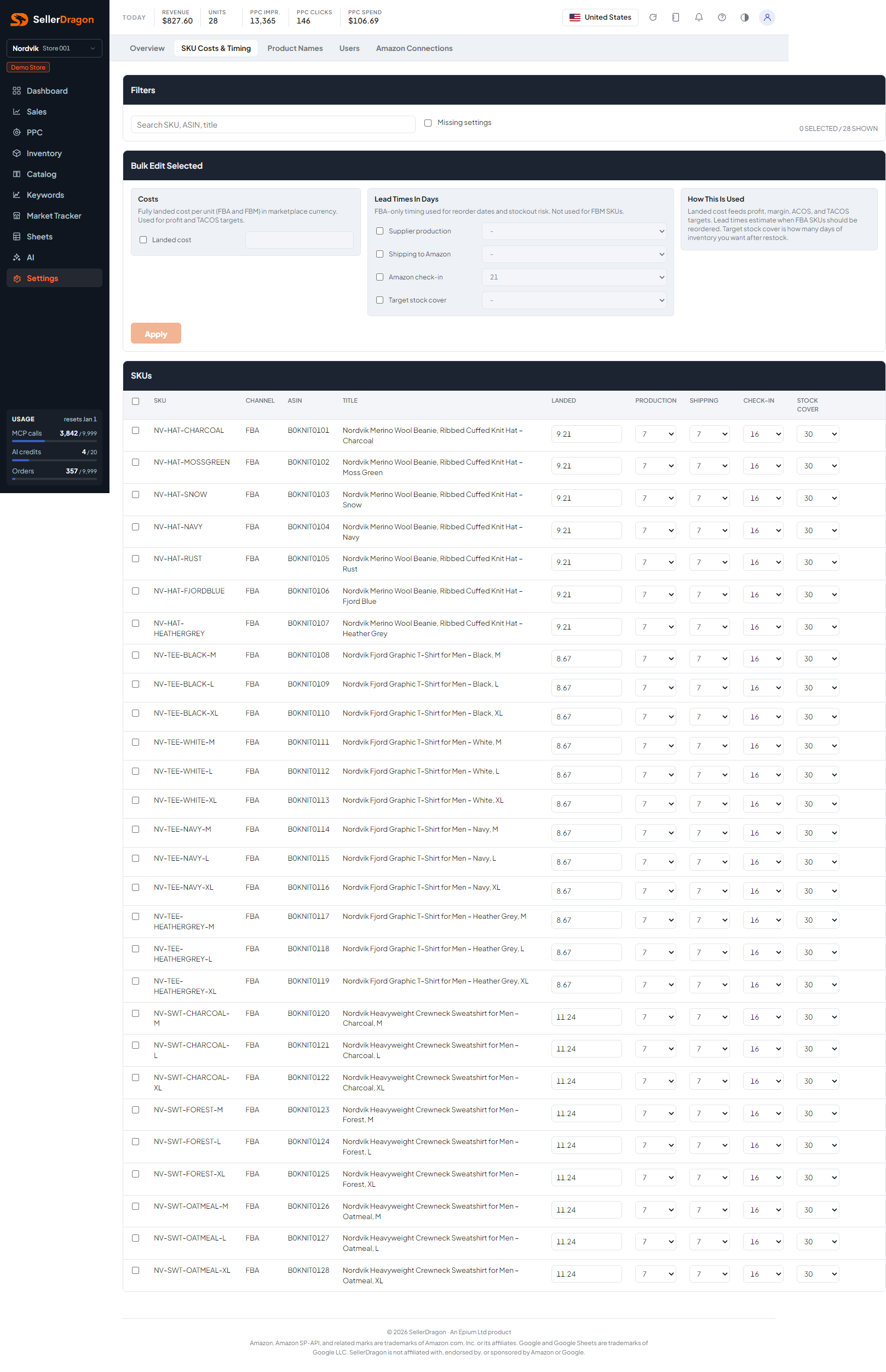 SKU costs and timing, light theme